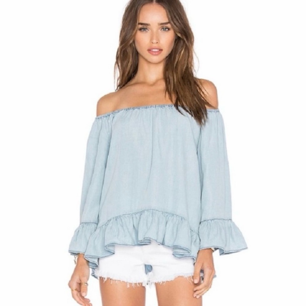 Sanctuary Julia Off‑the‑Shoulder Chambray Ruffle Blouse – Size XS